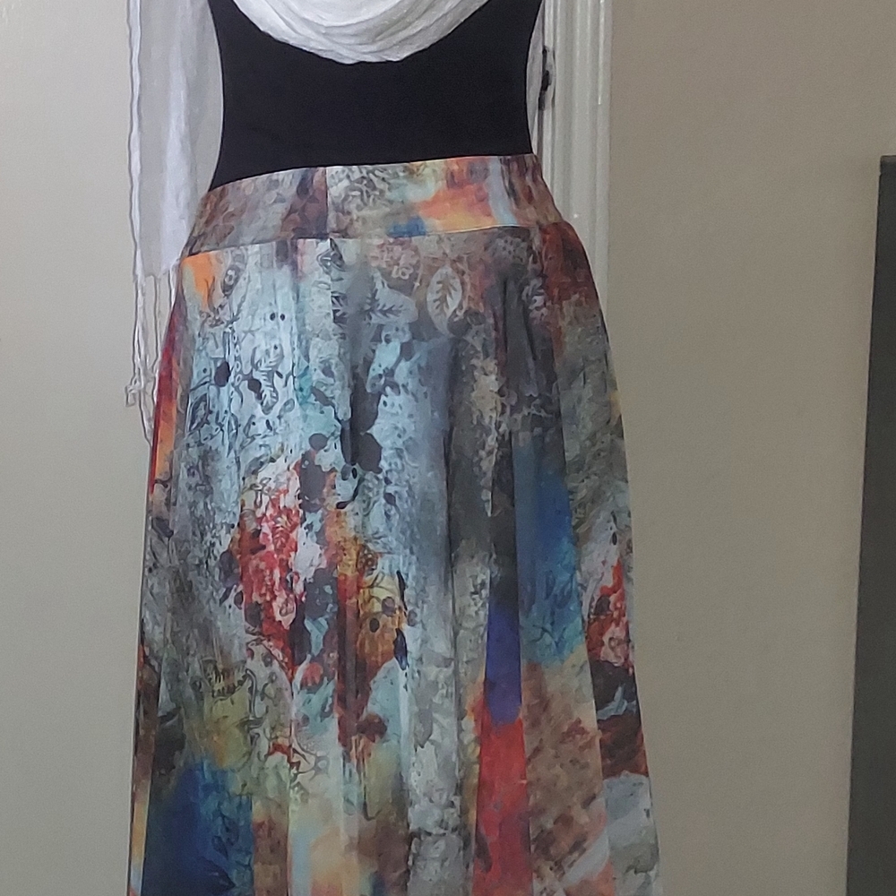Christina Orange and Blue Maxi Skater Skirt Asymmetrical Resort Wear - Picture 7 of 8